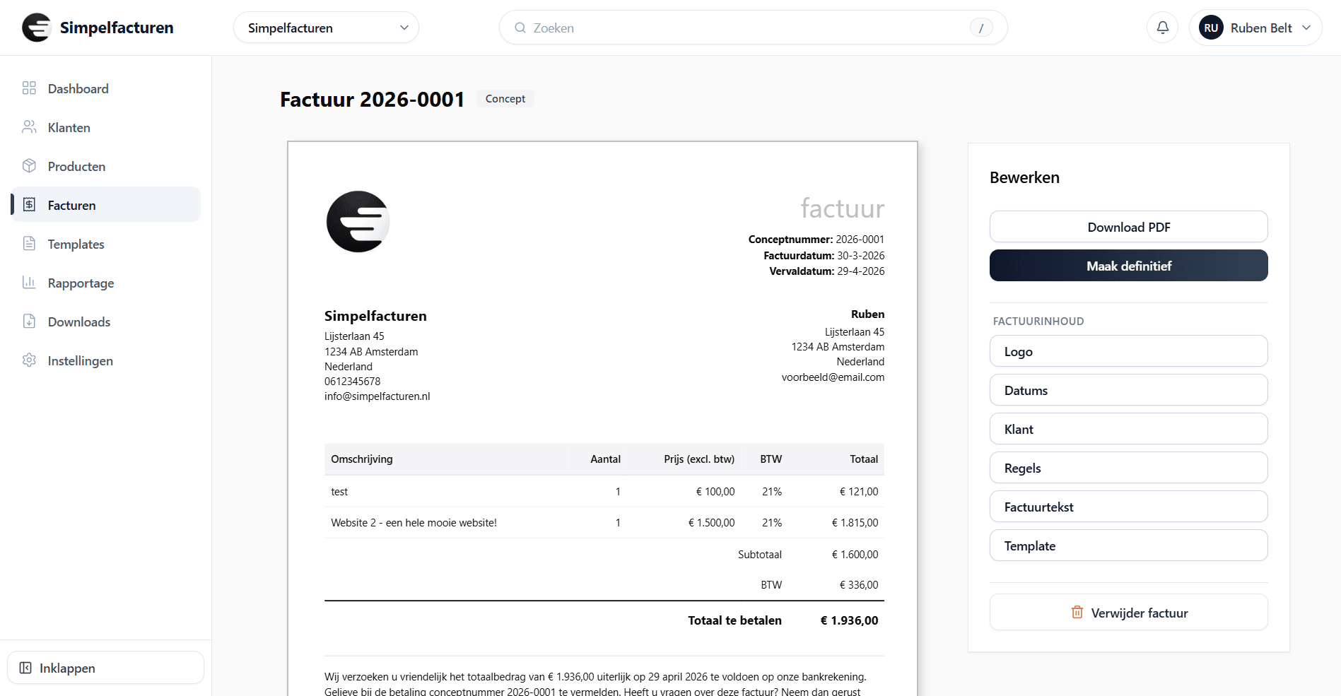 Dashboard van Simpelfacturen