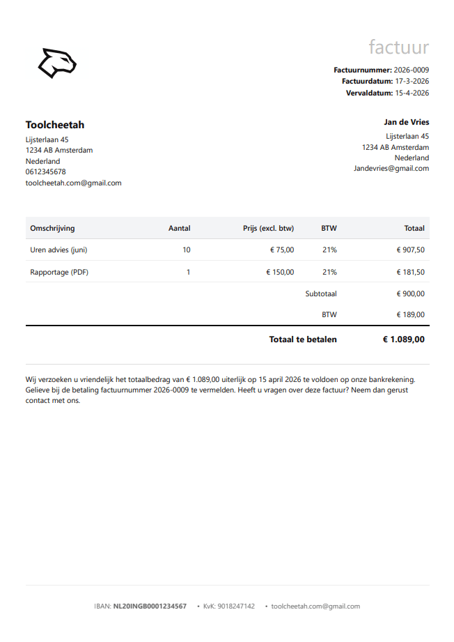 Voorbeeld factuur in Simpelfacturen